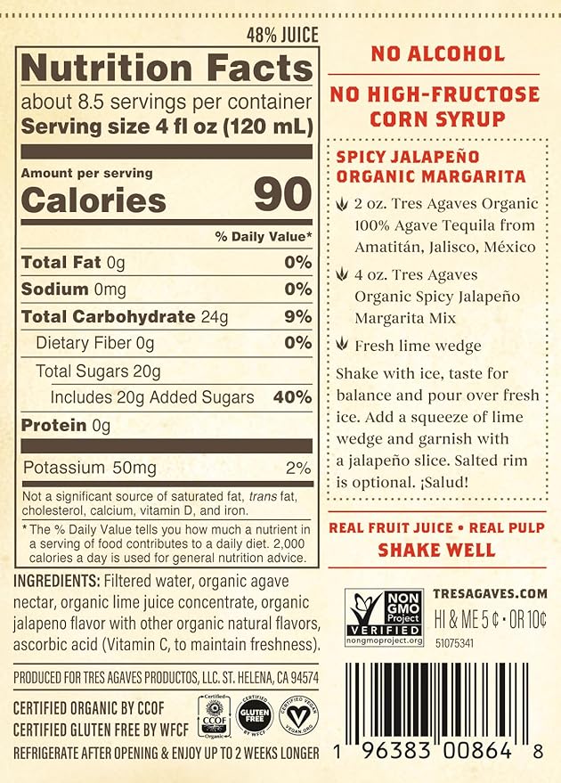 Tres Agaves Organic Spicy Jalapeño Margarita Mix – Made with Real Lime Juice Agave Nectar &amp Natural Chili Flavor – Only 90 Calories per Serving – Vegan Gluten-Free Non-GMO – 750ml Bottle (2 Pac