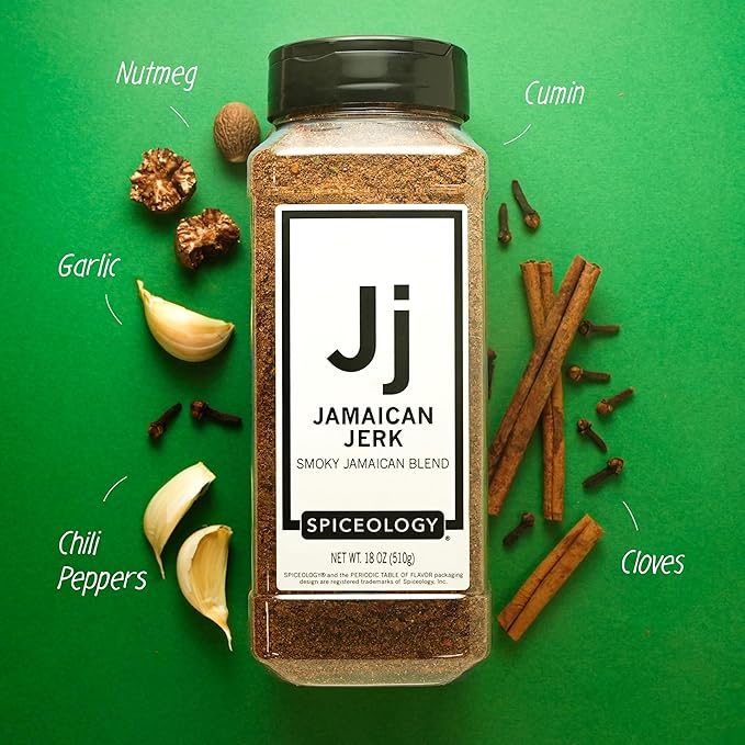 Spiceology - Jamaican Jerk Smoky Caribbean Rub - BBQ Rubs Spice Blends and Seasonings - Use On: Seafood Beef Chicken Pork Chili Squash Nuts Vegetables and Sweet Potato Fries - 18 oz