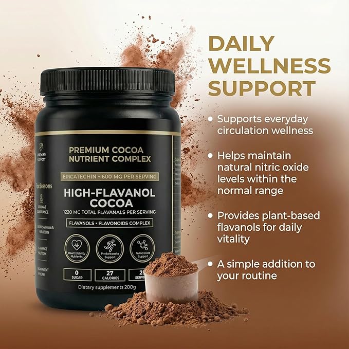 High Flavanol Cocoa Powder – 1200mg Flavanols &amp Flavonoids per Serving – 10X Concentrated Cocoa Extract with 600mg Epicatechin – Premium Dark Cocoa Nutrition for Daily Use
