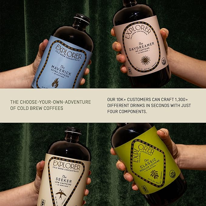 Explorer Cold Brew Organic Coffee Concentrate Maverick Extra Caffeine Drink Iced or Hot 32 fl oz Makes 20+ Cups