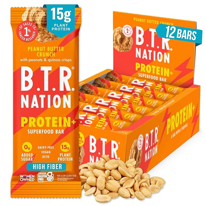B.T.R Nation Vegan Keto Plant Based High Protein &amp HIgh Fiber Bars - Peanut Butter Crunch Protein+ | 12 Bars | Low Carb &amp GF Free of Sugar Alcohols Dairy Soy with Powerful Superfoods!