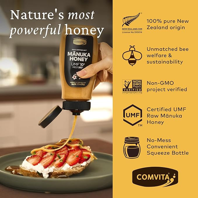 Comvita Manuka Honey UMF 5+ (MGO 83+) - Raw Manuka Honey New Zealand Pure Unpasteurized Honey Superfood for Immune Health Use in Tea Wild Monofloral Non-GMO - Squeeze Bottle 12.5 oz (355g)