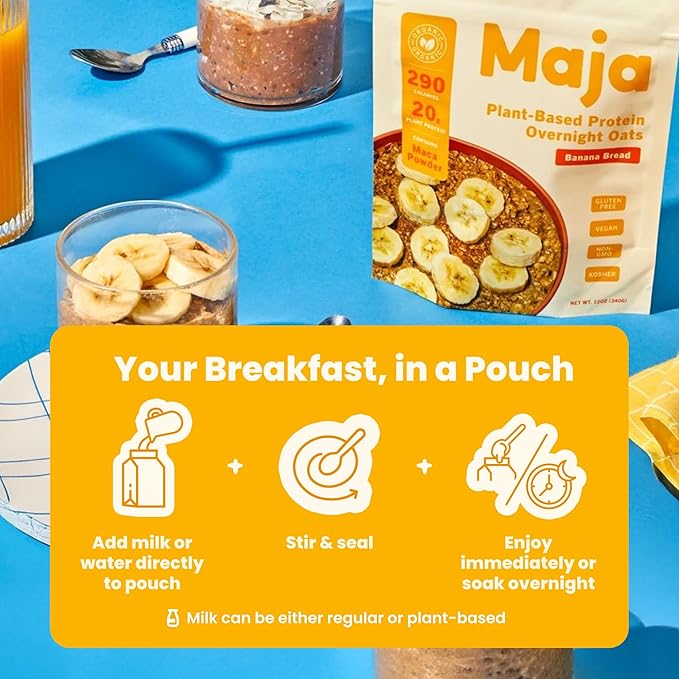 Maja Banana Bread Overnight Protein Oats 2.4 oz Single-Serve (6 Pouches) | High Protein Overnight Oats Gluten Free Plant-Based | Certified Organic | Just Add Milk or Plant Milk