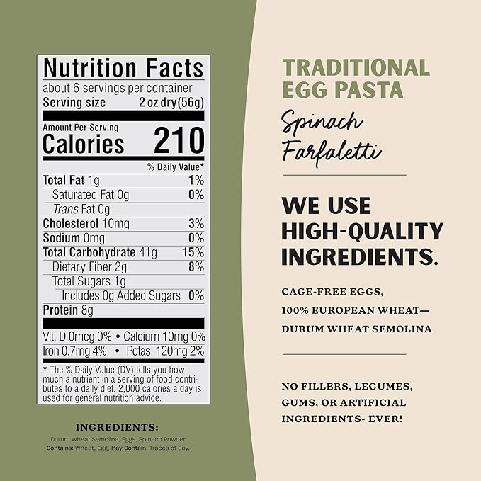 Al Dente Spinach Farfalletti – All-Natural Hand-Crafted Egg Pasta. Traditional Pasta Noodles Made with Cage-Free Eggs Semolina and Spinach. (Packaging May Vary) - 12oz Bags (Pack of 4)