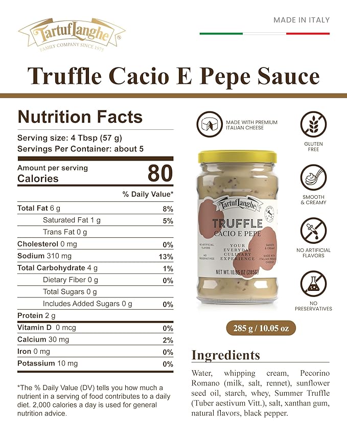 TartufLanghe Cacio e Pepe Truffle Sauce - Authentic Italian Pasta Sauce with Black Truffle &amp Pecorino Romano Cheese for Risottos Gnocchi Ravioli Imported from Italy - 10.05 oz