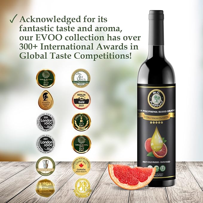M.G. PAPPAS High Polyphenol Rich Blood Orange-Infused Olive Oil Extra Virgin - Over 500mg/kg - Cold Pressed &amp Unfiltered - High Hydroxytyrosol Greek Olive Oil Award Winning - 12.7 Oz