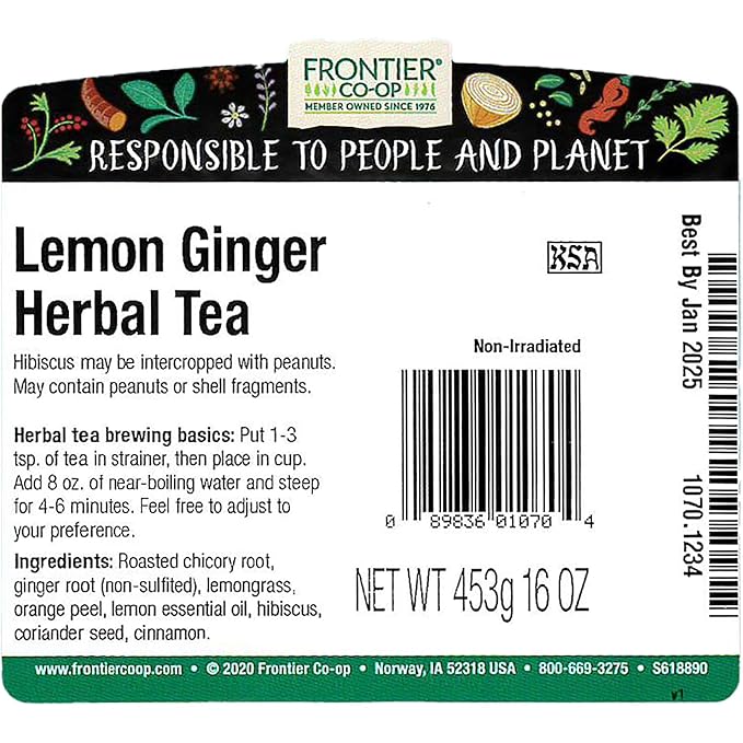 Frontier Co-op Lemon Ginger Herbal Tea Kosher Bulk Tea | 16 Ounce (Pack of 1)