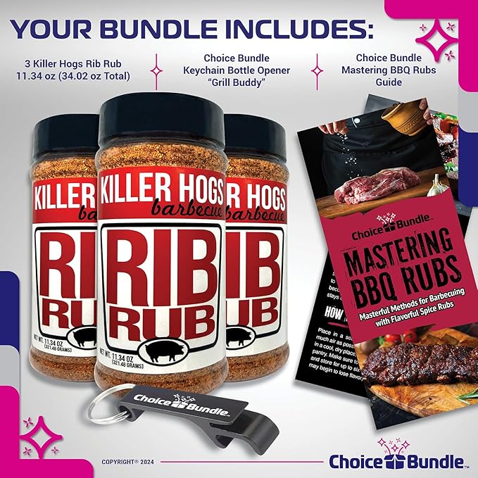 Killer Hogs Rib Rub Premium BBQ Barbecue Spice Seasoning 3 pk (34.02 oz) + Guide &amp Bottle Opener (5 Items)!