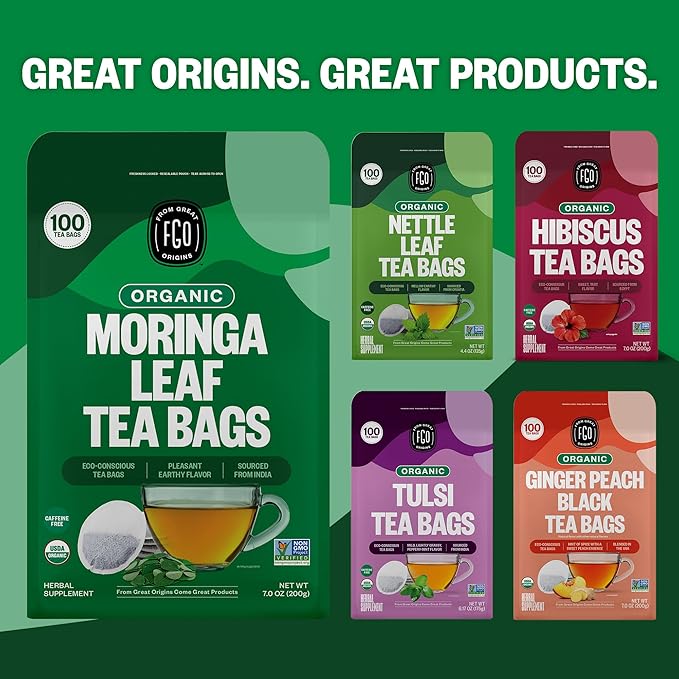 FGO Organic Moringa Tea 100 Count Eco-Conscious Tea Bags Resealable Bag Caffeine Free Packaging May Vary (Pack of 1)