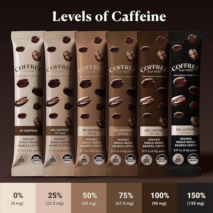 COFFREE Organic Instant Coffee Packets - 25% Low Caffeine Convenient Coffee Sticks Mold Free Low Acid Arabica for On-the-Go Energy - Hot or Cold Balanced Taste Single Serve Travel Packets 24 Count