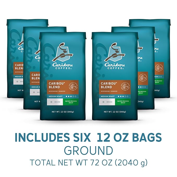 Caribou Coffee Medium Roast Naturally Decaffeinated Ground Coffee 100% Arabica Coffee - Caribou Blend 72 Ounces (6 Bags of 12 Ounces)