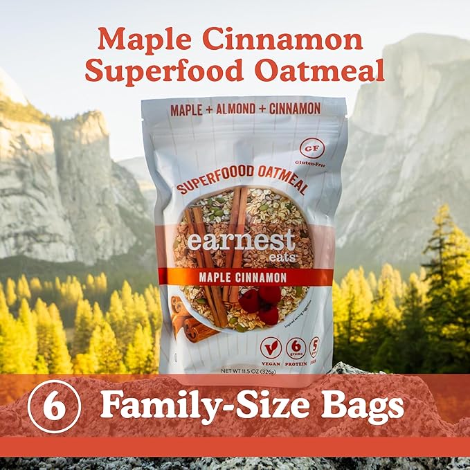 Earnest Eats Superfood Oatmeal – Maple Almond Cinnamon – Vegan Gluten-Free 6g Plant Protein 4g Fiber No Added Sugar 48 Servings Total (6 Pack)
