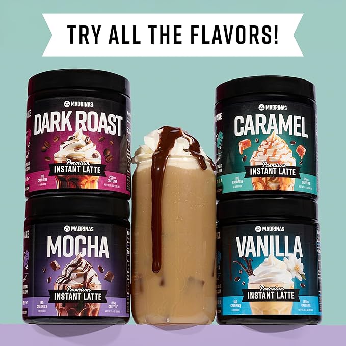 Premium All-Natural Caramel Flavored Instant Coffee Cold Brew Latte Mix - 8 Servings - High Caffeine Rich &amp Flavorful Gluten-Free Convenient | MADRINAS