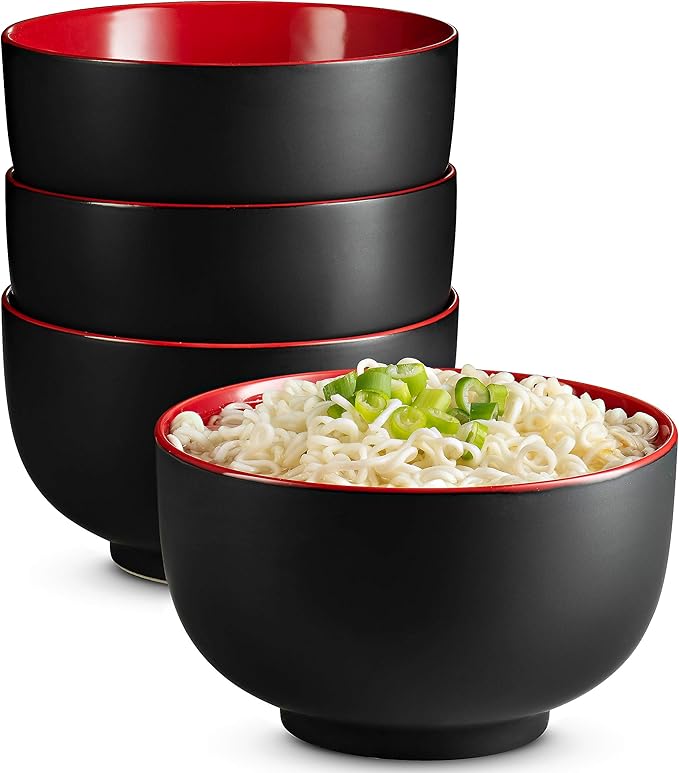 KooK Ramen Bowl Japanese Bowls Noodle Bowls Large Soup Bowl Ceramic Large Capacity For Ramen Pho Udon Soba Microwave and Dishwasher Safe 34 oz Set of 4 (Black/Red)