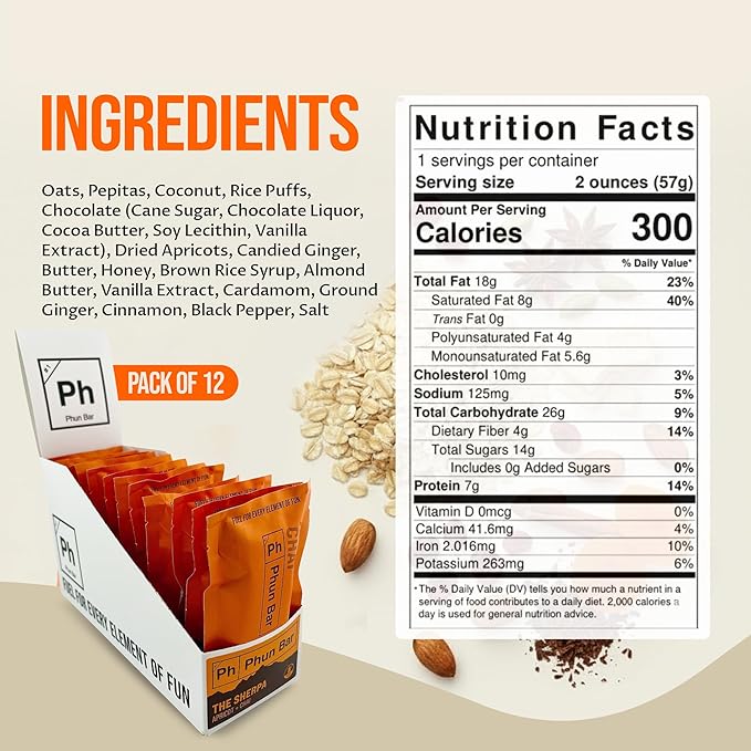 Phun Bar The Sherpa Energy Bars (Pack of 12) | Apricot + Chai | 7g Plant-Based Protein | Gluten-Free Sports Energy Bars for Hiking Trails &amp Outdoor Days
