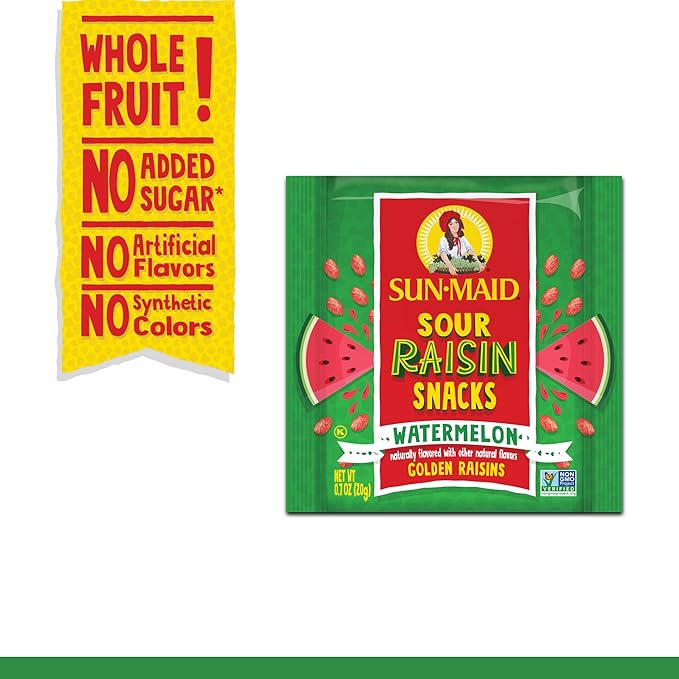 Sun-Maid Sour Watermelon Fruity Raisin Snacks - (56 Pack) 0.7 oz Pouches - Sour Watermelon Raisins - Dried Fruit Snack for Lunches and Snacks