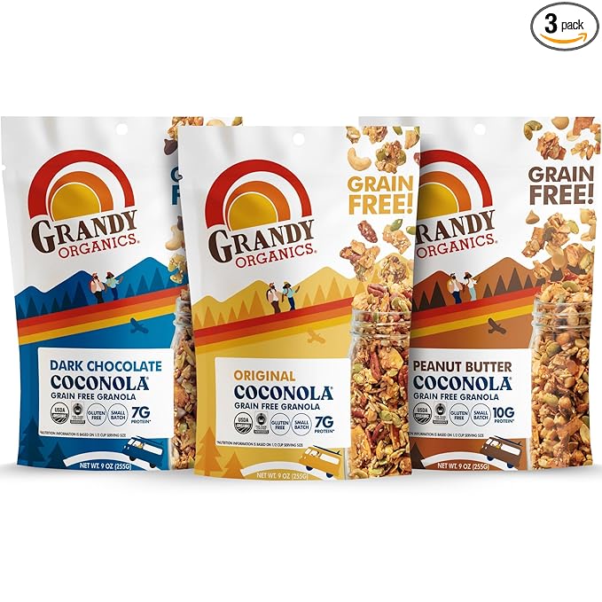Grandy Organics Coconola Granola Variety Flavors Original Chocolate &amp Peanut Butter Certified Organic Granola Gluten Free Grain Free 9oz Each Pack of 3