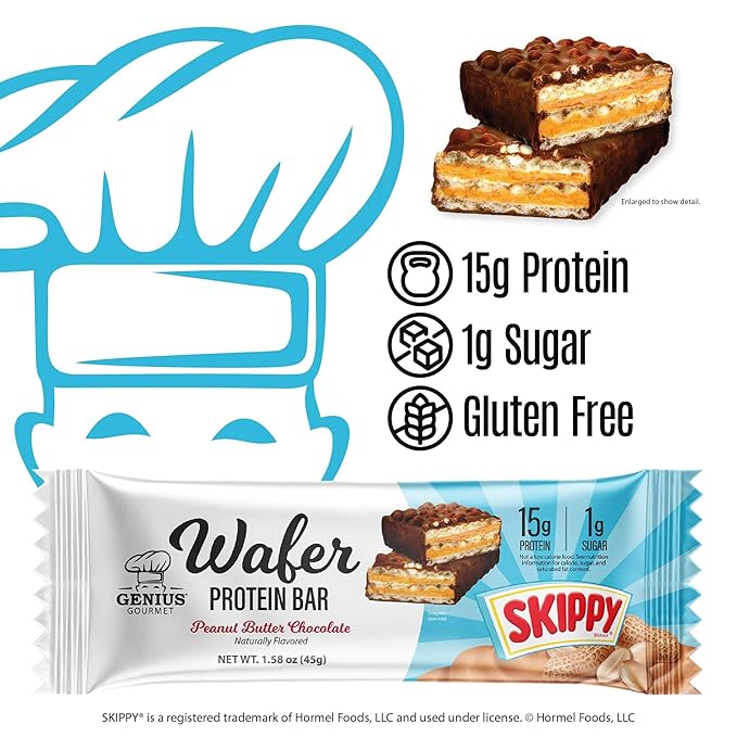 Genius Gourmet SKIPPY® Peanut Butter Chocolate Flavored Wafer Protein Bars15g Protein per serving (30% DV) 1g Sugar Chocolatey Snack Bar – 10 Count