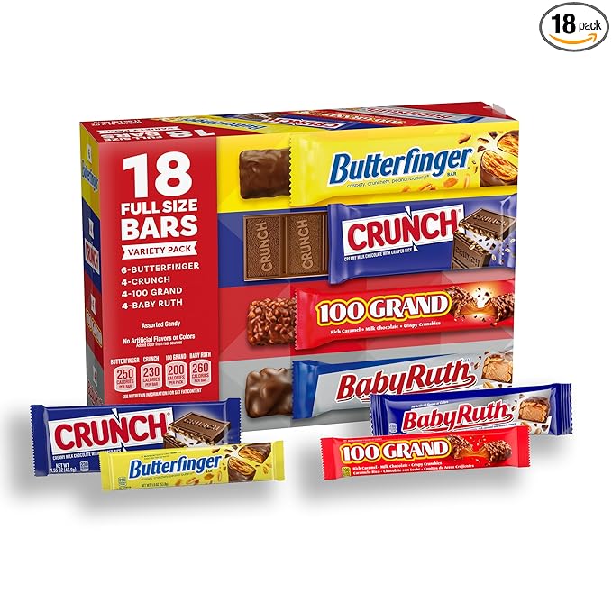 Assorted Butterfinger Crunch Baby Ruth and 100 Grand Full Size Chocolates 18 count 31.2 oz