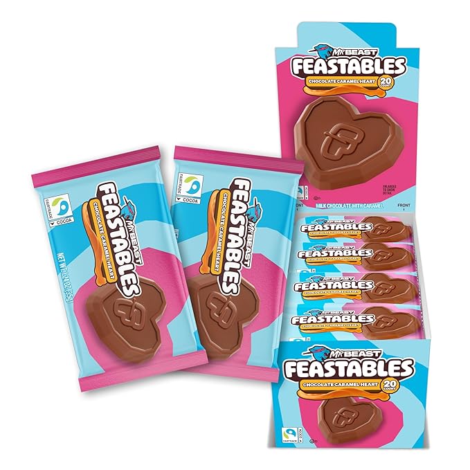 MrBeast Feastables Caramel Valentine Heart Cups Limited Edition 20 Count Milk Chocolate with Creamy Caramel Filling Fairtrade Cocoa