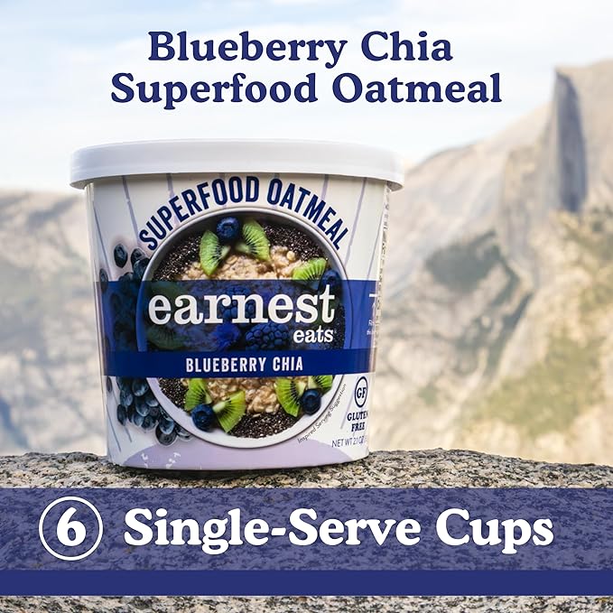 Earnest Eats Superfood Oatmeal Cups - Blueberry Chia – 6g Plant Protein Gluten Free Vegan On-the-Go Breakfast 2.1 Ounces Each (6 Pack)
