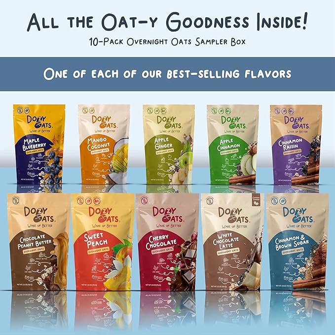 Dozy Oats Overnight Oatmeal Packets Sampler Box with Rolled Oats Chia Seeds Date Powder and Dried Fruit. Gluten-Free Natural Source of Protein and Fiber 10-Pack and Jar