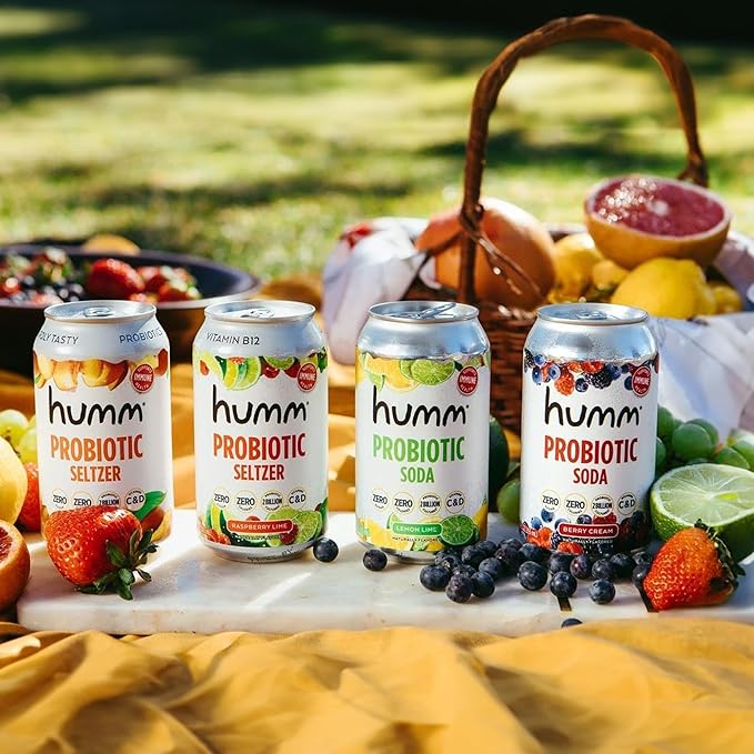 Humm Sparkling Probiotic Berry Cream Soda Zero Sugar Zero Calorie 2 Billion Probiotics Vitamin C D and B12 12 fl oz (12 Pack)