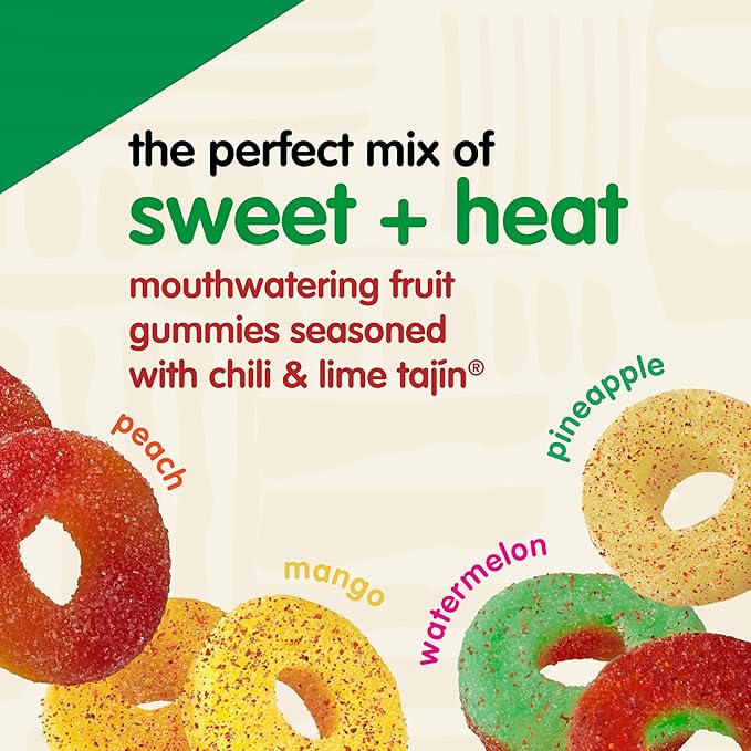 Snak Club Tajin Gummy Candy Fruit Rings Gummies with Chili and Lime Seasoning Mild Spice Gluten-Free and Vegan Snacks Assorted Variety Mango Pineapple Peach Watermelon Snack Size 12 Pack