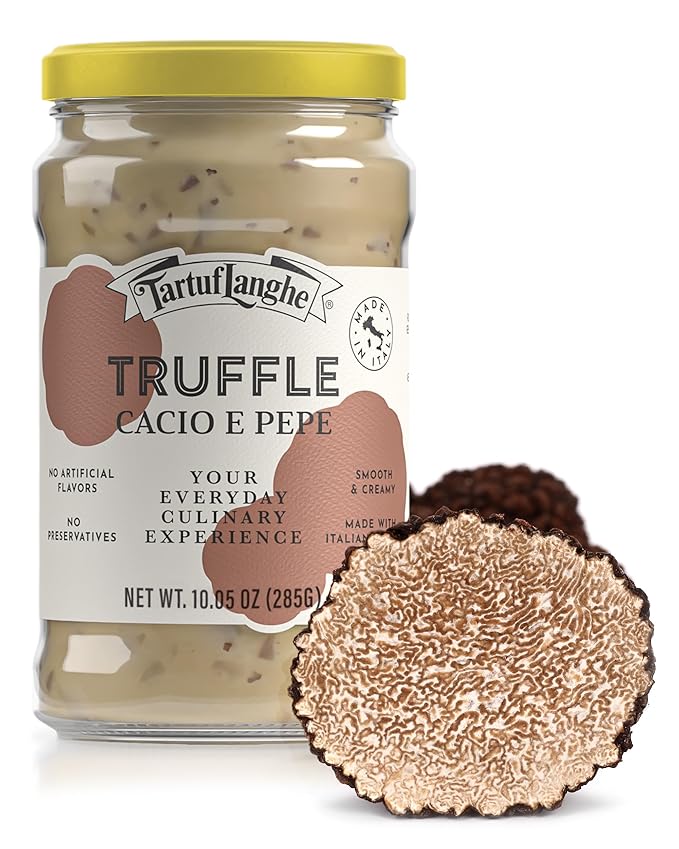 TartufLanghe Cacio e Pepe Truffle Sauce - Authentic Italian Pasta Sauce with Black Truffle &amp Pecorino Romano Cheese for Risottos Gnocchi Ravioli Imported from Italy - 10.05 oz