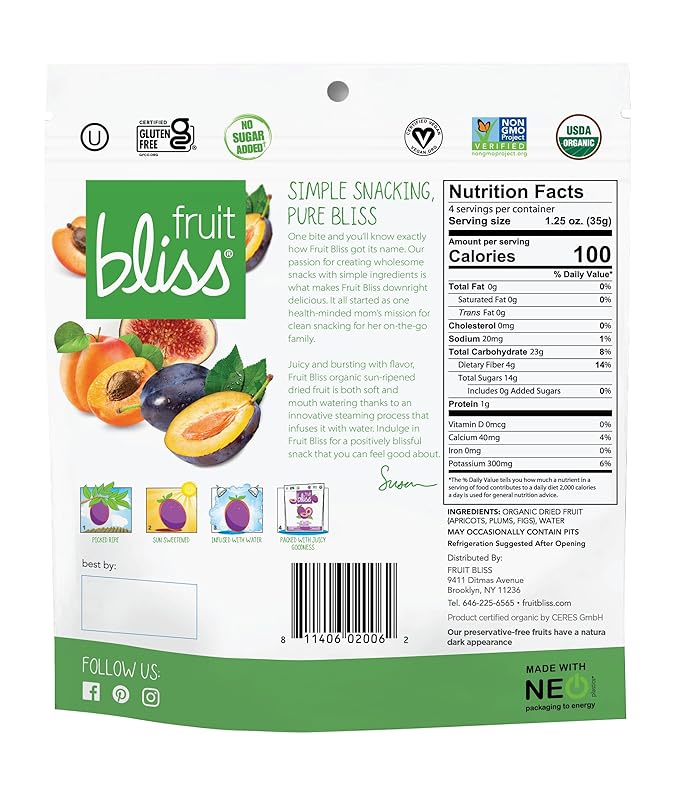Fruit Bliss Dried Fruit Mix – Fruit Medley of Organic Dried &amp Pitted Apricots Plums &amp Figs - Organic Fruit Snacks Dried Fruit Snacks Resealable Pouches Gluten-Free Vegan Snacks (6 Pack 5