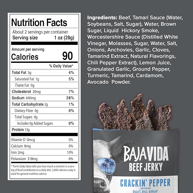Baja Beef Jerky - 100% All Natural Beef Jerky Keto Jerky Gluten Free Low Calorie Craft Jerky 13g Protein per Serving No Nitrates or Added Hormones - Crackin' Pepper 2 oz Bag (Pack of 3)