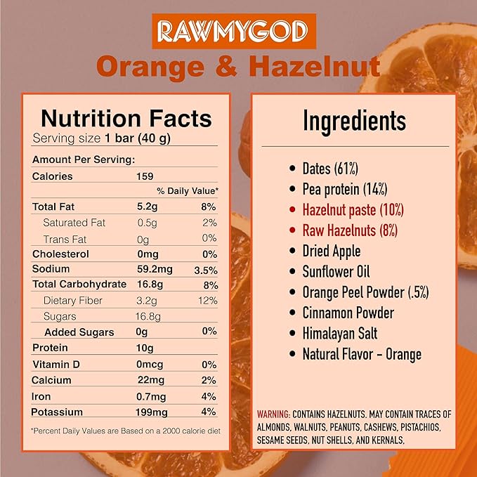 RAWMYGOD Fruit and Nut Bars Gluten Free Vegan No Added Sugar (16 bars Protein Pack - 4 Orange &amp Hazelnut 4 Fruit &amp Nut 4 Chia &amp Choco 4 Peanut &amp Cacao)