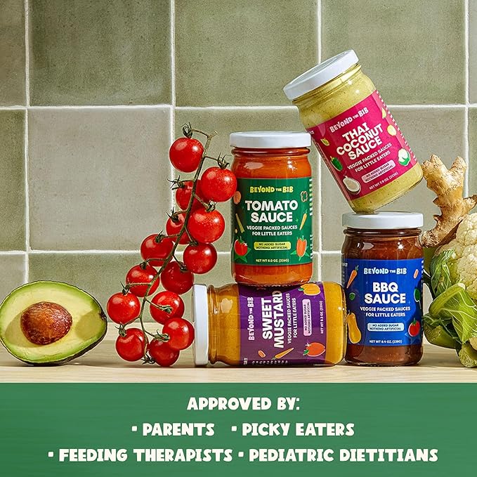 Beyond the Bib - Toddler and Kids Healthy Meal Sauces and Dips - Made with Vegetables No Added Sugar No Salt No Artificial Ingredients - Ready to Eat - For 24+ Months (Tomato BBQ Thai Coconut)