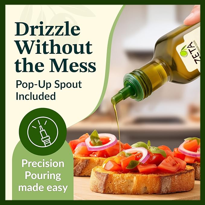 Zeta Extra Virgin Olive Oil Variety Pack 8.5 fl oz (4 Pack) | Basil &amp Garlic Lemon Hot Pepper &amp EVOO | Premium Glass Bottle with Pop-Up Spout | Cold-Pressed | Product of Spain | Ideal for B
