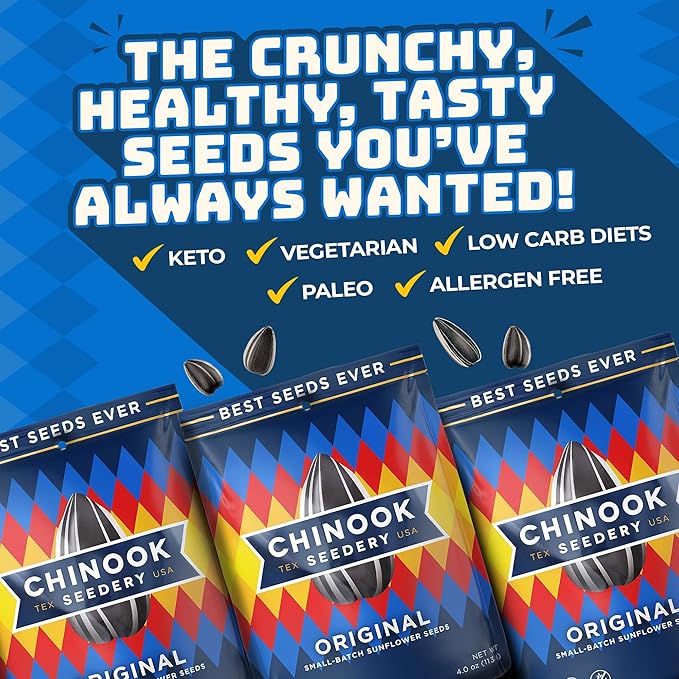 Chinook Seedery Sunflower Seeds to Eat — Jumbo Flavored Roasted Low Sodium Snacks — Keto Friendly Gluten-Free Non-GMO — Original Flavor 4 oz (12-Pack)