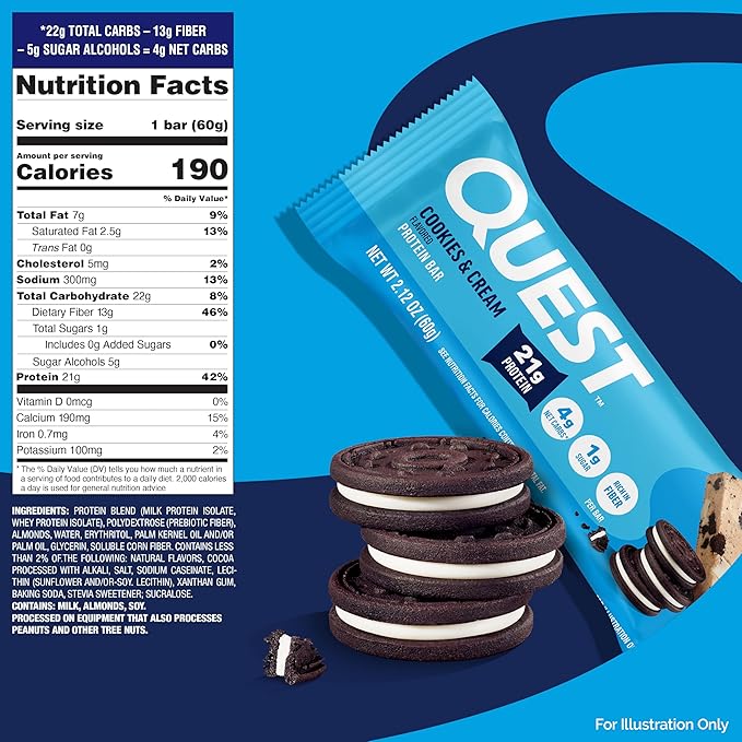 Quest Nutrition Cookies &amp Cream Protein Bars 21g Protein 1g Sugar 4g Net Carb High Fiber Gluten Free Keto Friendly 12 Count