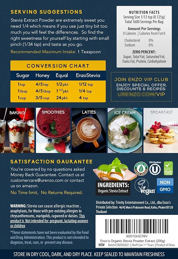 Enzo Easy Use Organic Stevia Powder 200g (7.05oz / 1600 Servings) All Natural Alternative Sweetener 12 x Sweeter than Processed Sugar with No Artificial Additives &amp Fillers