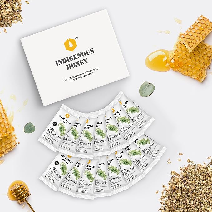 INDIGENOUS HONEY Raw Pure Ajwain Honey Natural Organic Unprocessed Added Sugar Free NMR Tested Unpasteurized Unheated 15 Travel Sachets 15g Each Total 225g