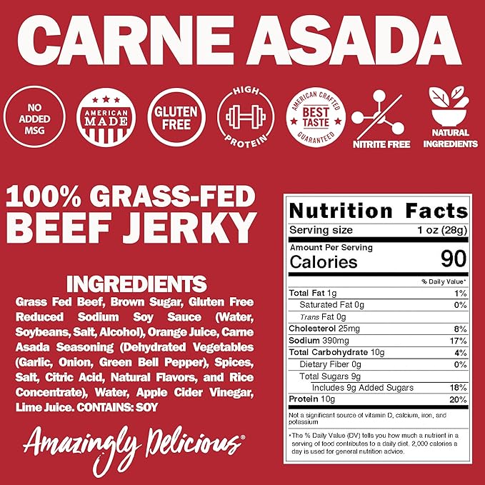 Field Trip Grass Fed Beef Jerky Healthy Gluten Free Snacks All Natural High Protein Low Carb Snack with No Nitrates 2.2oz 4 Pack Carne Asada