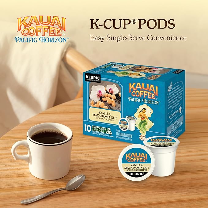 Kauai Coffee K-Cup Pods for Keurig Brewers – Arabica Coffee 10% Hawaiian – Medium Roast Vanilla Beans with Toasted Macabamia Nuts – Vanilla Macadamia Nut 6 Packs of 10 Single Serve K-Cups
