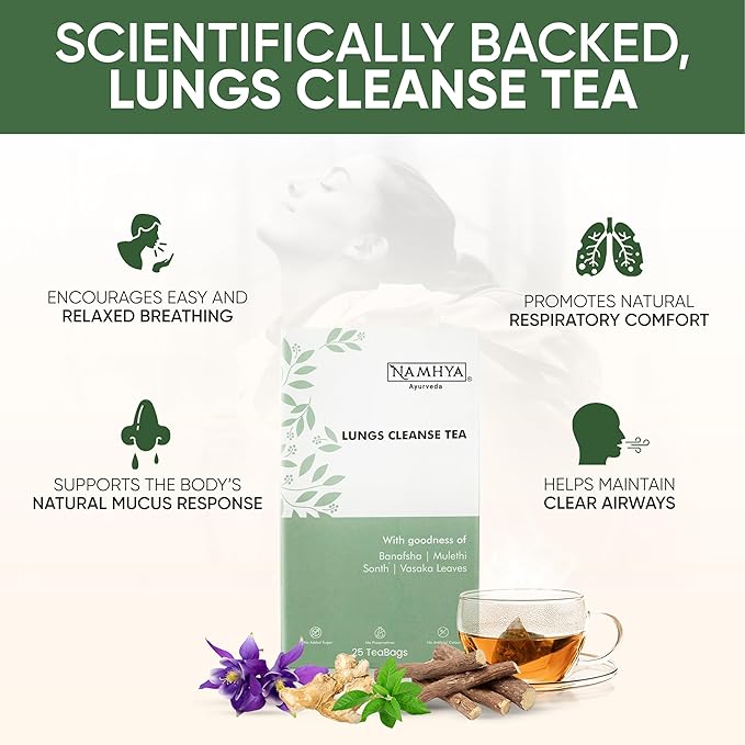 Namhya Ayurveda Lungs Cleanse Tea for Better Respiratory Health Clear Breathing Cough &amp Congestion - Herbal Lung Detox Tea with Tulsi Dry Ginger &amp Mulethi for Smokers – 25 teabags