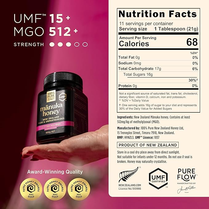 Manuka Honey UMF 15+ (MGO 512+) 100% Pure New Zealand - Certified Raw 8.8 Ounce (250g) (Pack of 1)