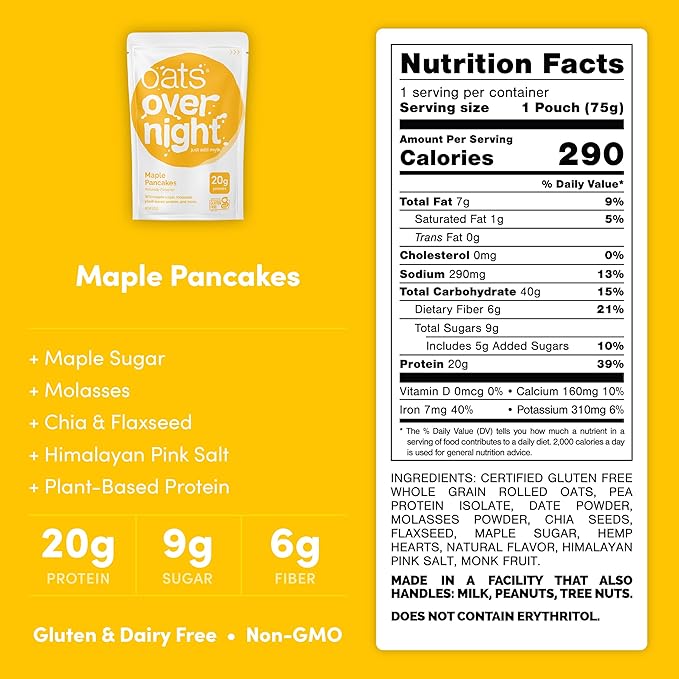 Oats Overnight - Maple Pancakes (16 Pack) Dairy Free High Protein Low Sugar Breakfast - Gluten Free High Fiber Non GMO Oatmeal (2.5oz per pack)