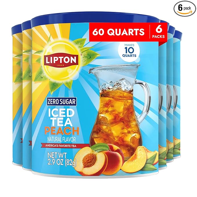 Lipton Zero Sugar Iced Tea Mix Peach Flavor Black Iced Tea Makes 10 Quarts (Pack of 6)