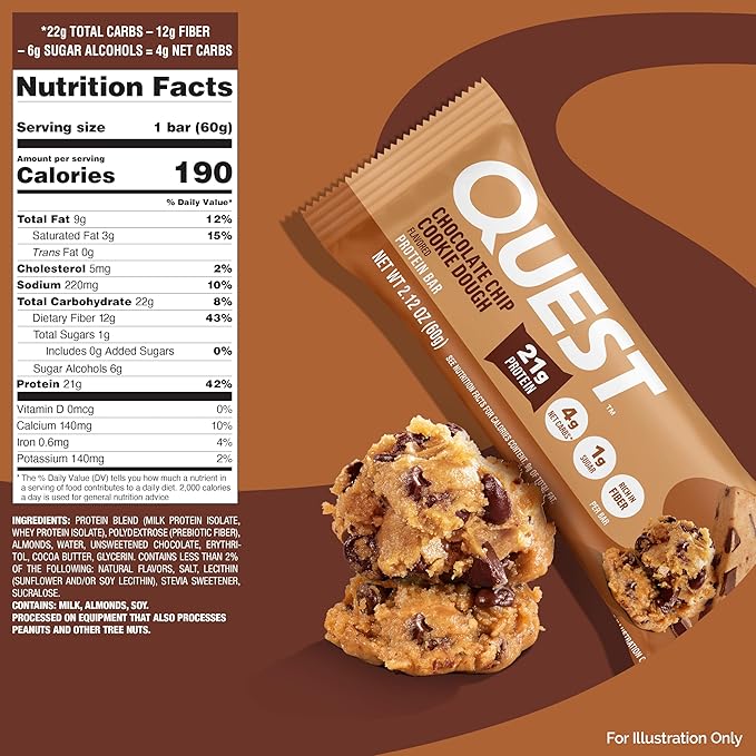 Quest Nutrition Chocolate Chip Cookie Dough - High Protein Low Carb Gluten Free Keto Friendly 2.12 Oz 20 Count (4 Packs of 5)