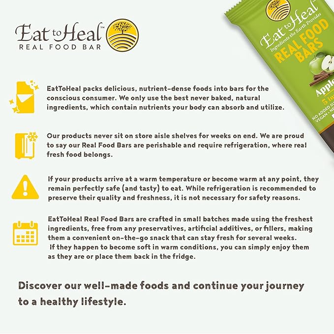 EatToHeal Apple Pie Real Food Bar - Organic Dates &amp Oats Gluten Free Vegan Healthy Protein Bars - Low Sugar Meal Replacement Bar Non GMO Never Baked Plant Based - Crafted to Enjoy