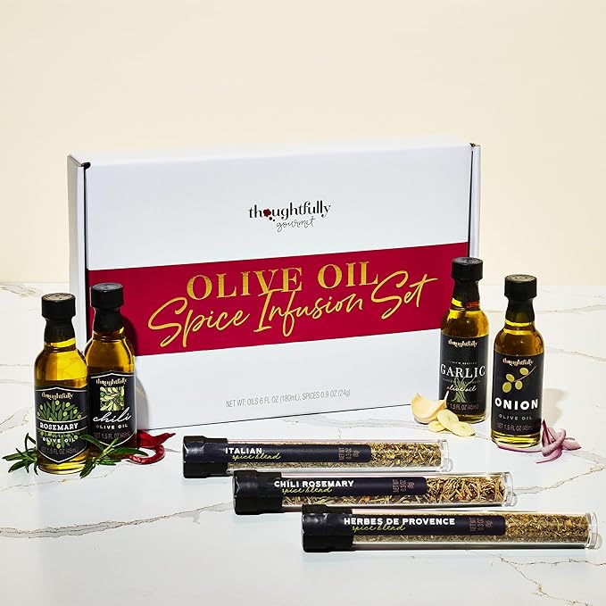 Thoughtfully Gourmet Olive Oil Spice Infusion Gift Set Premium Cold Pressed Extra-Virgin Olive Oil from Spain Includes 4 Flavored Olive Oils and 3 Flavorful Spice Infusion Blends Set of 7