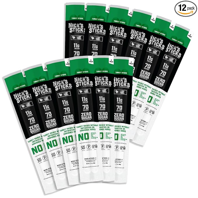 Nick's Sticks Clean &amp Balanced Free Range Turkey Snack Sticks | Made in the USA | Gluten Free | Paleo Keto Whole30 Approved | No Soy Antibiotics or Hormones (12 – 1.7oz. Packs of 2 Sticks)