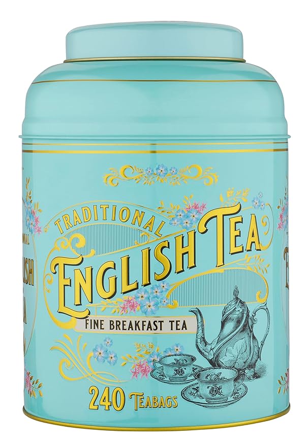 New English Teas Vintage Victorian Tea Tin with 240 English Breakfast Teabags for Tea Lovers Forget Me Not Florals &amp Classic Tea Set Design