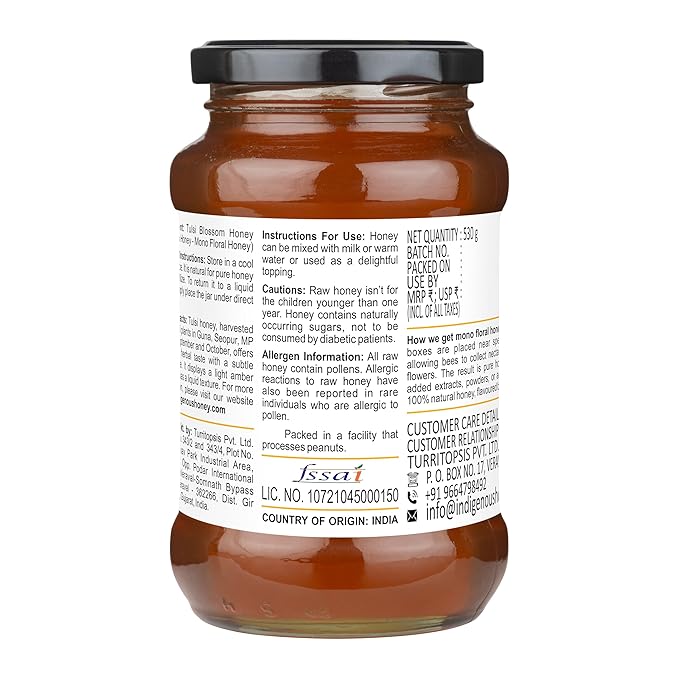 INDIGENOUS HONEY Tulsi Basil Honey Raw Natural Pure Unprocessed NMR Tested Unpasteurized Unheated 530g Glass Jar Pack of 1
